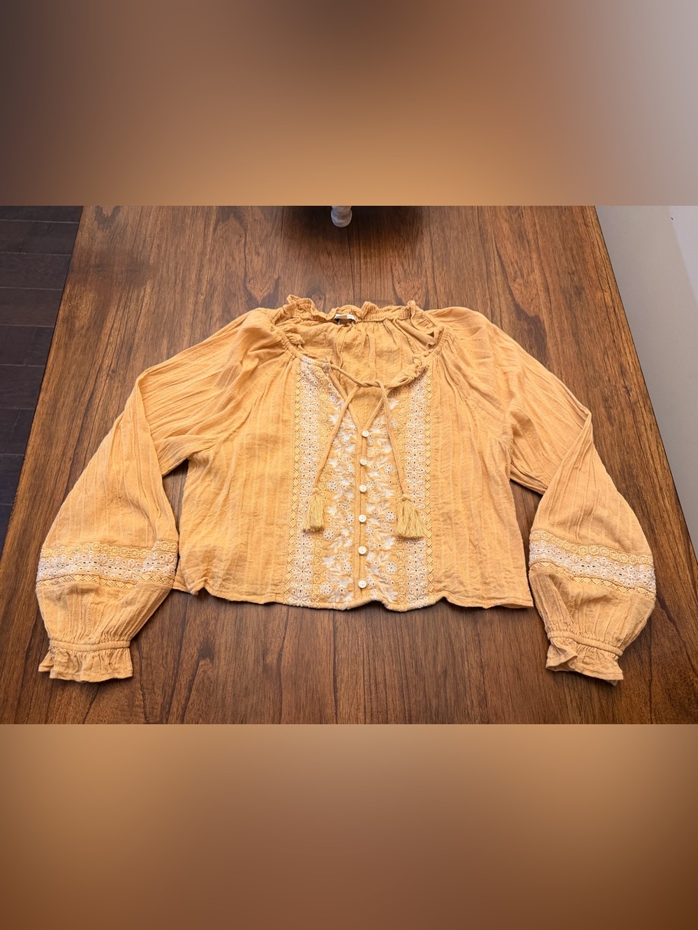American Eagle Women Yellow Boho Embroidered Peasant Blouse Size Large